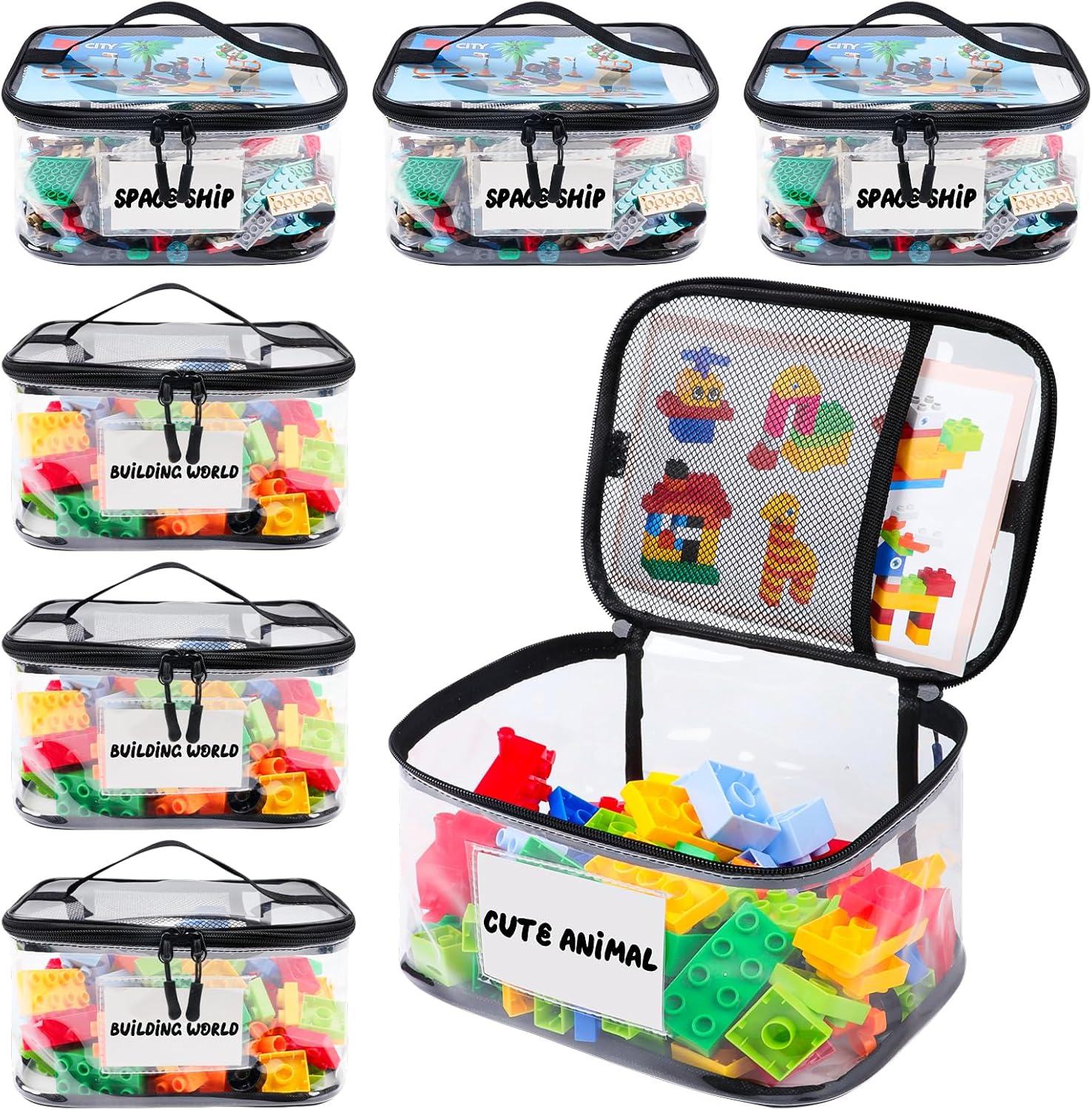 SPOLUX 6pcs Clear Toys Storage Bags with Name Tag and Manual Pocket Waterproof PVC Toys Organizers Case