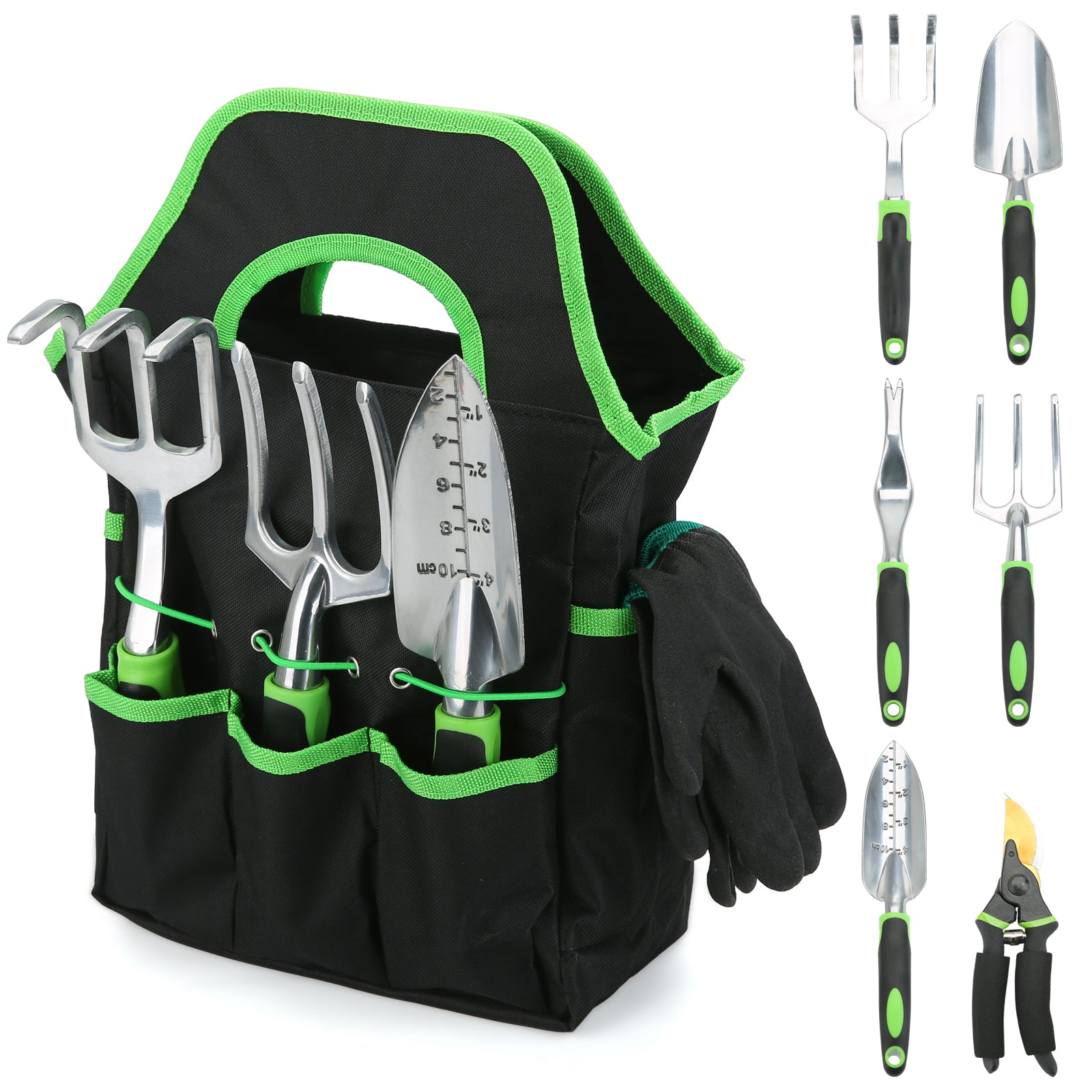 WORGREE Garden Tools Set of 8pcs with Hand Rake Weeder Pruning Shears in Storage Bag