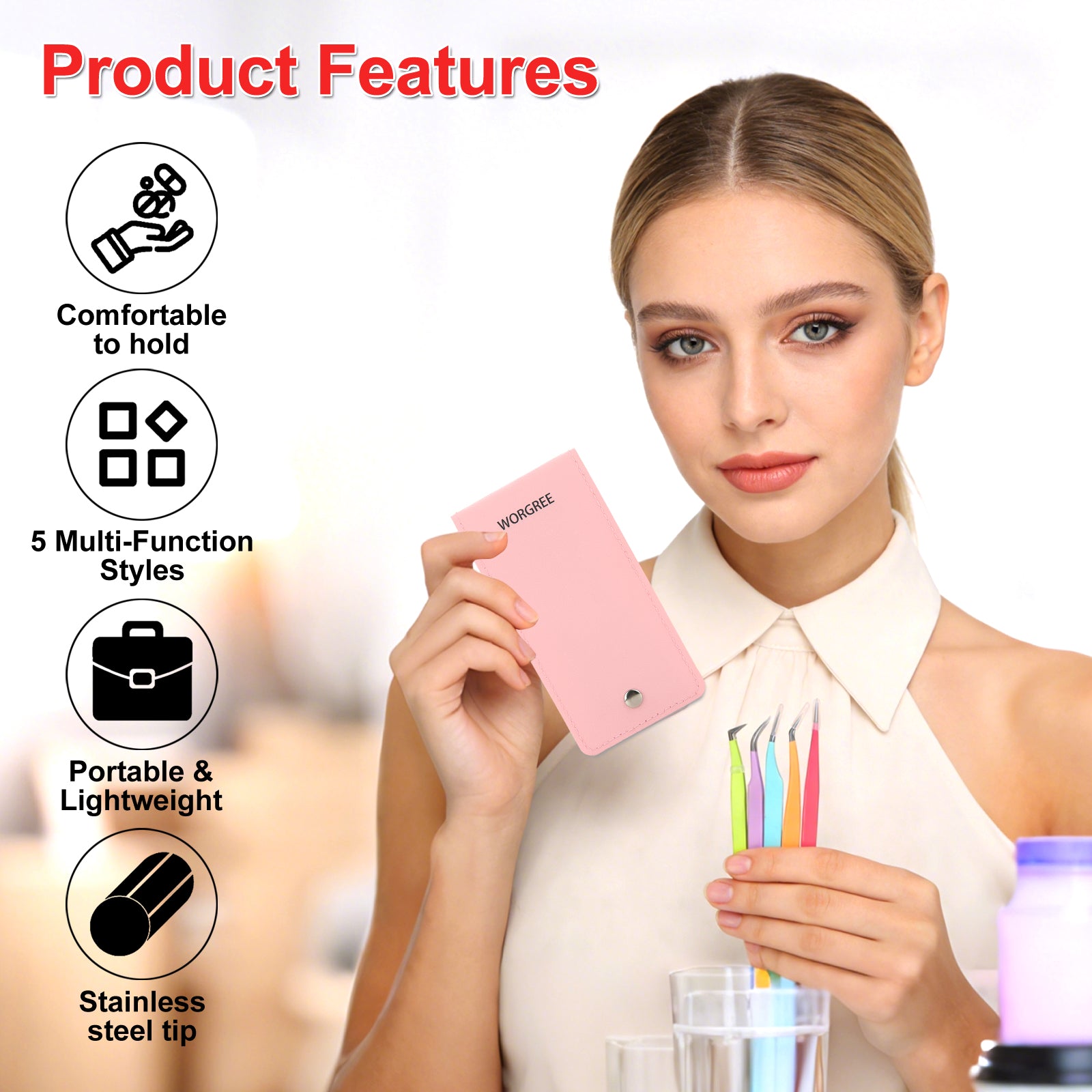 WORGREE  5pcs Eyelash Extension Tweezers for Eyelash Extensions with Pocket Bag Christmas Gift and Stocking Stuffers for Girls Women