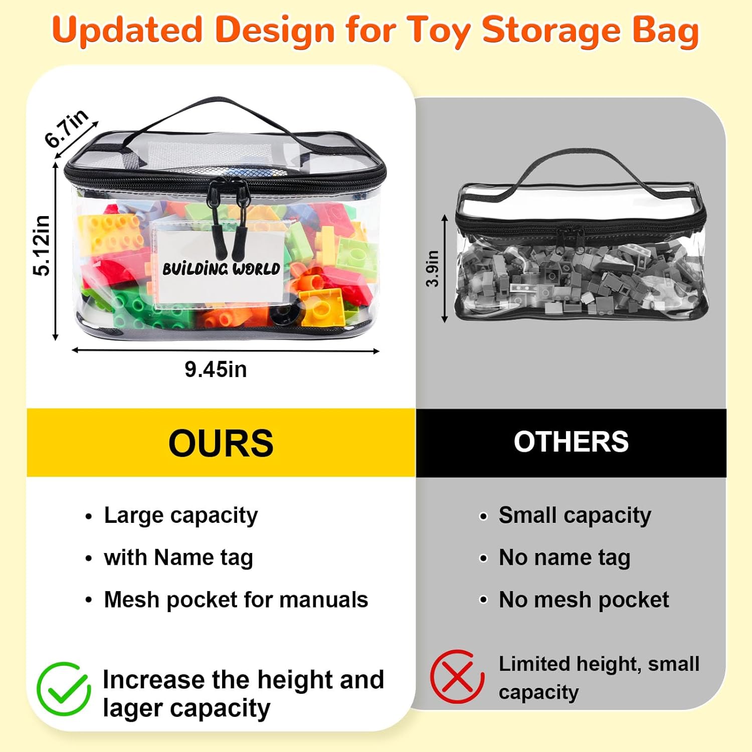 SPOLUX 6pcs Clear Toys Storage Bags with Name Tag and Manual Pocket Waterproof PVC Toys Organizers Case