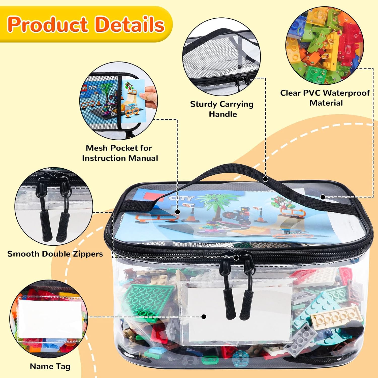 SPOLUX 6pcs Clear Toys Storage Bags with Name Tag and Manual Pocket Waterproof PVC Toys Organizers Case