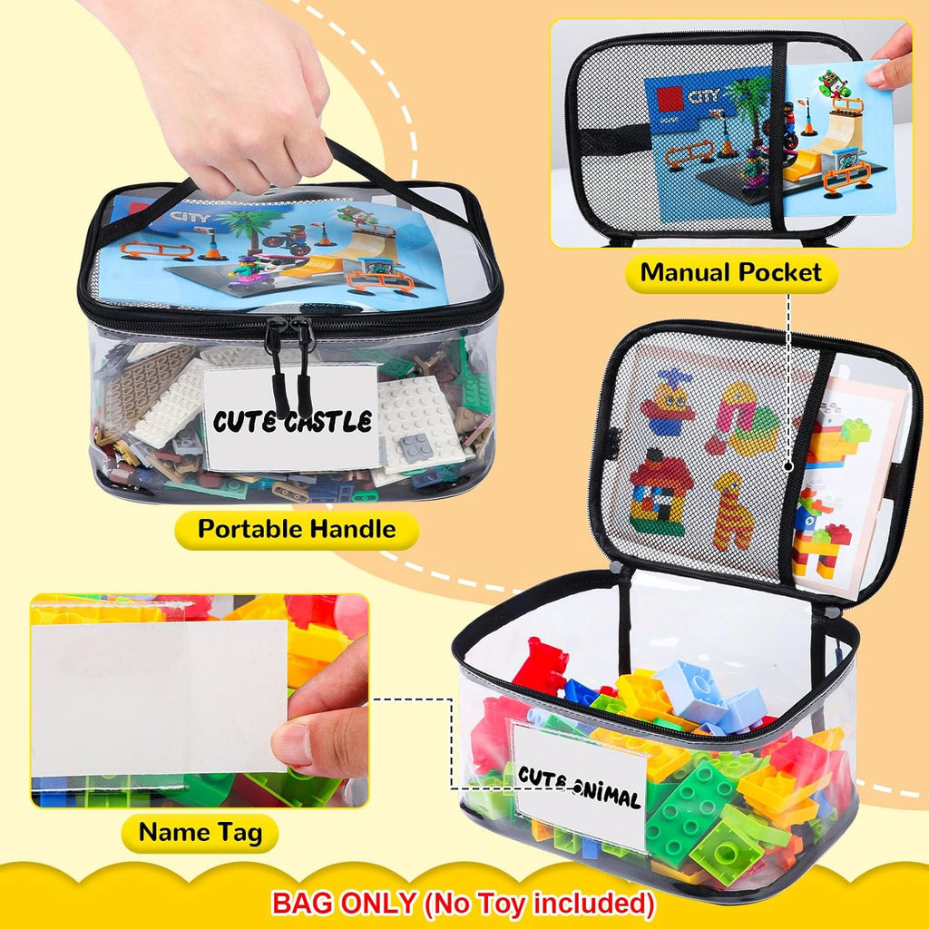 SPOLUX 6pcs Clear Toys Storage Bags with Name Tag and Manual Pocket Waterproof PVC Toys Organizers Case