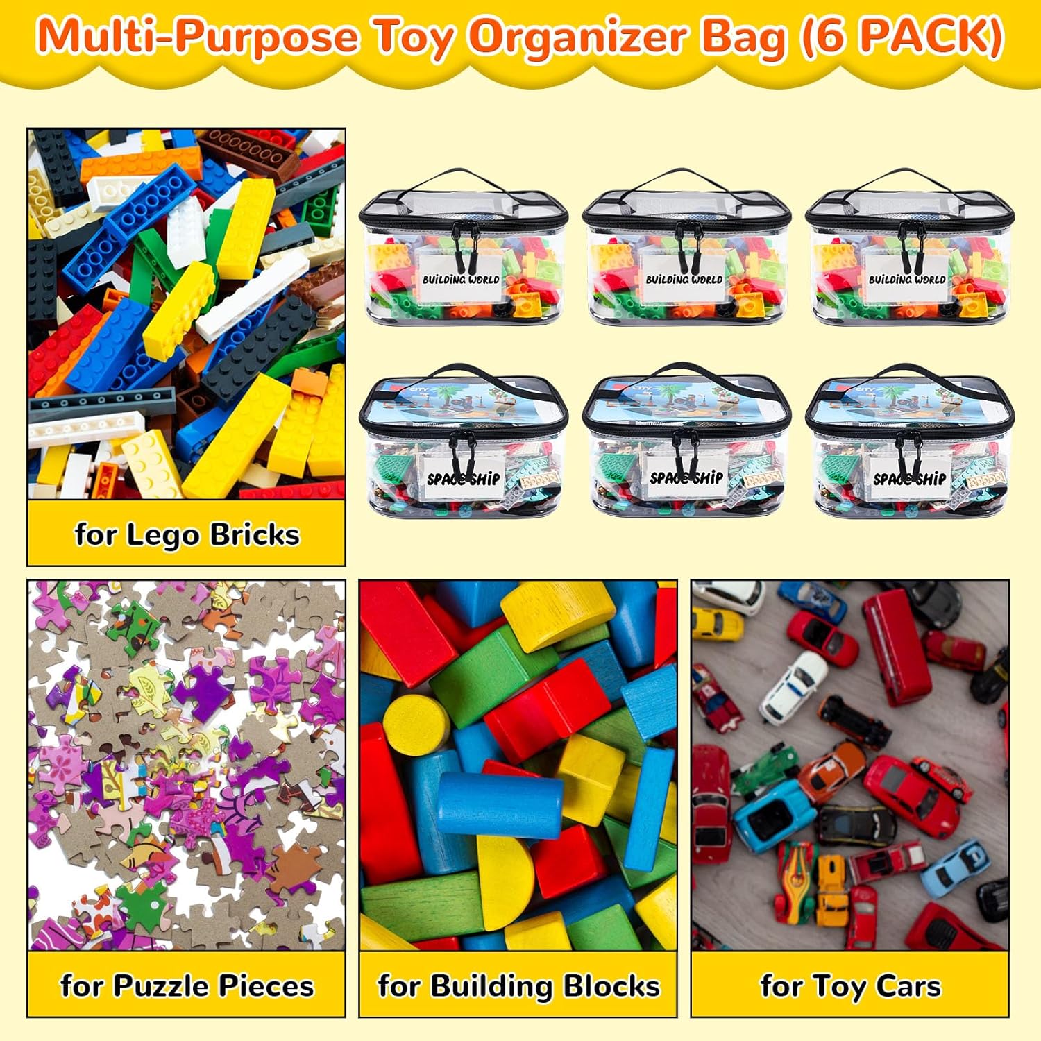 SPOLUX 6pcs Clear Toys Storage Bags with Name Tag and Manual Pocket Waterproof PVC Toys Organizers Case